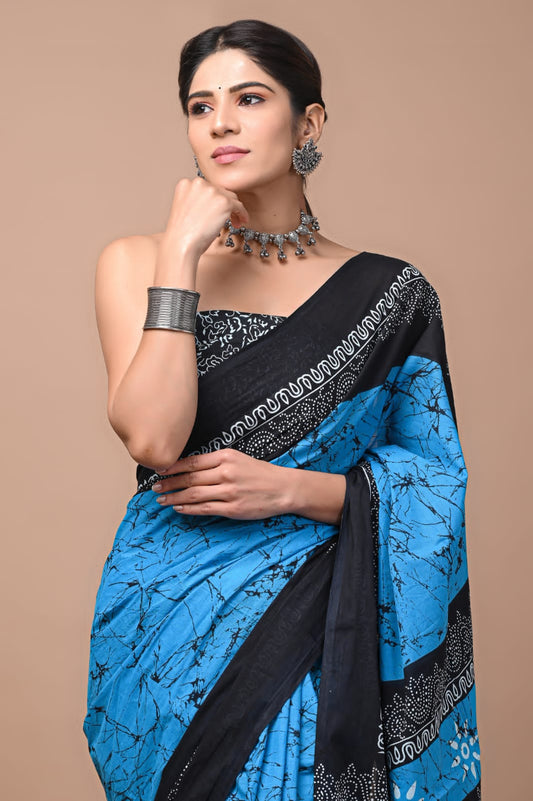 Printed Pure Cotton Mulmul Saree With Blouse