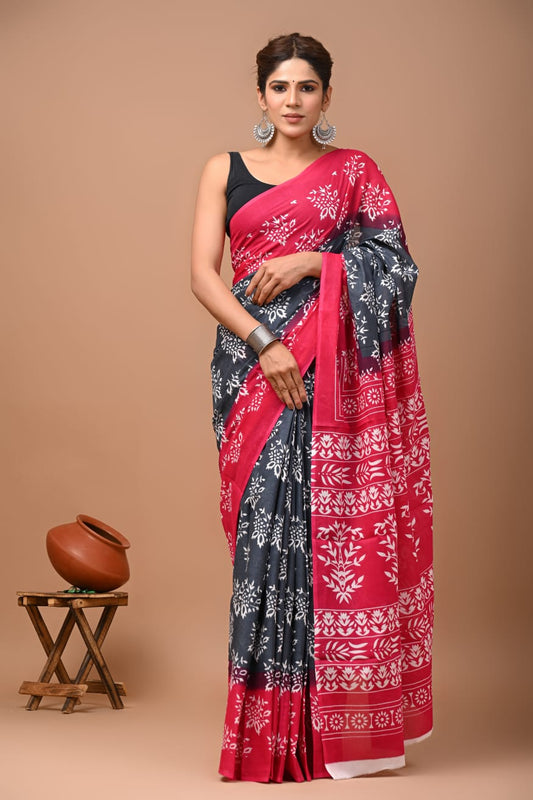 Printed Pure Cotton Mulmul Saree With Blouse