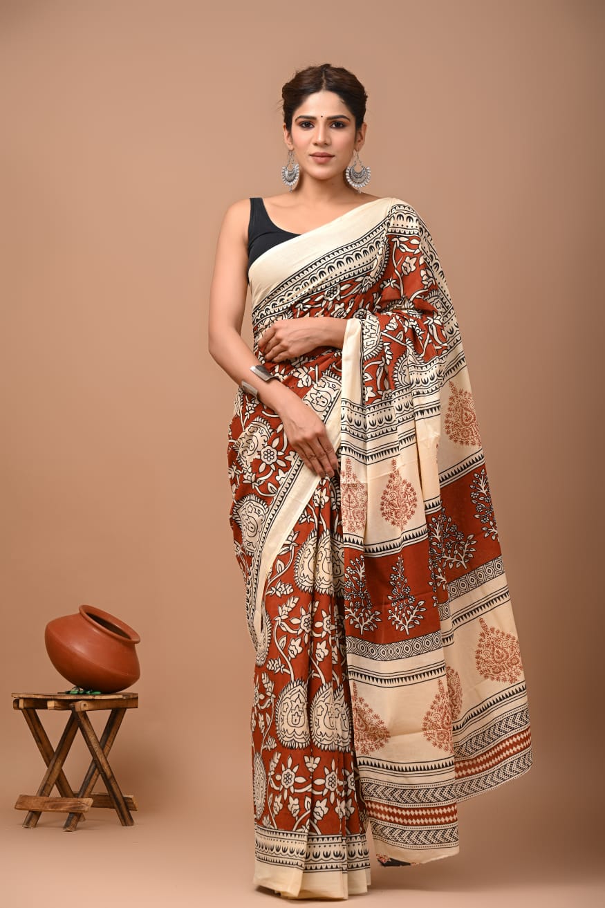 Printed Pure Cotton Mulmul Saree With Blouse