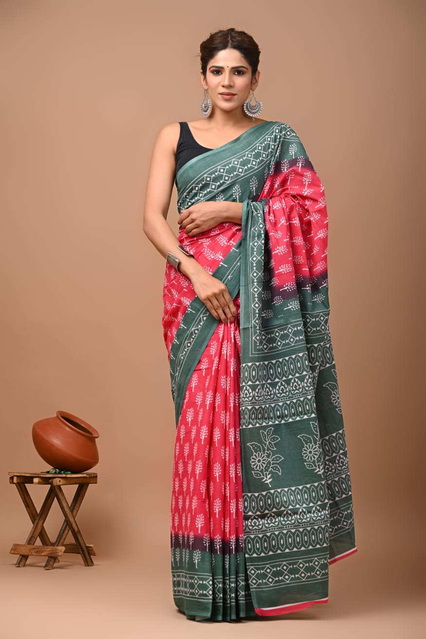 Printed Pure Cotton Mulmul Saree With Blouse