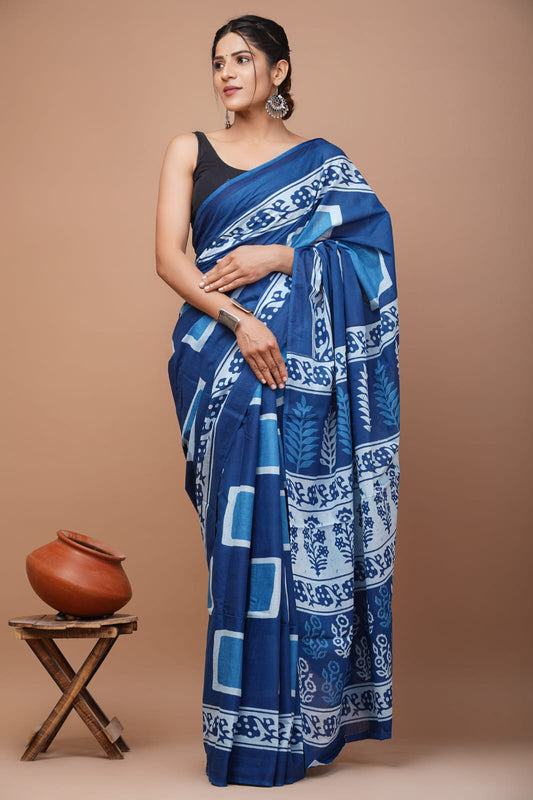 Printed Pure Cotton Mulmul Saree With Blouse