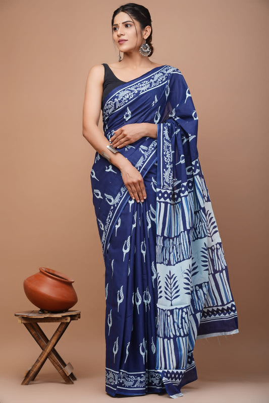 Printed Pure Cotton Mulmul Saree With Blouse