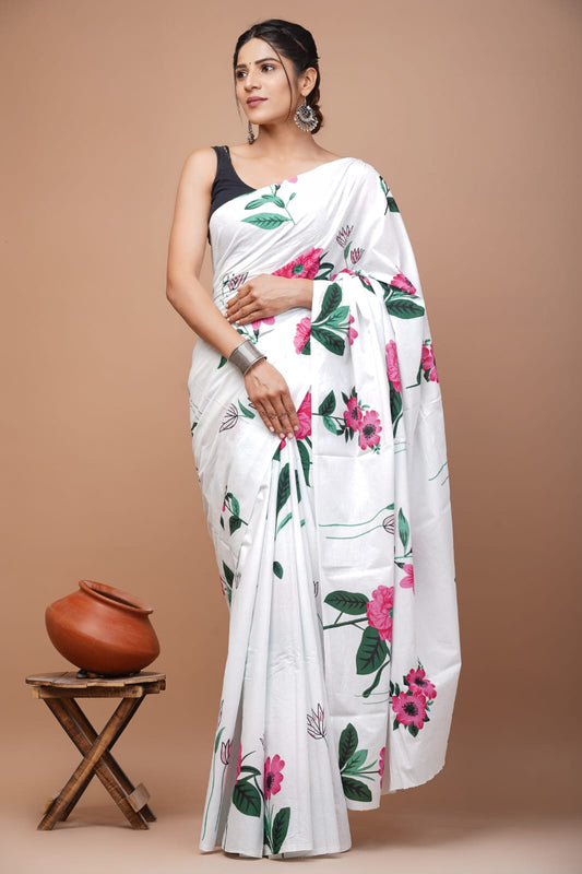 Printed Pure Cotton Mulmul Saree With Blouse