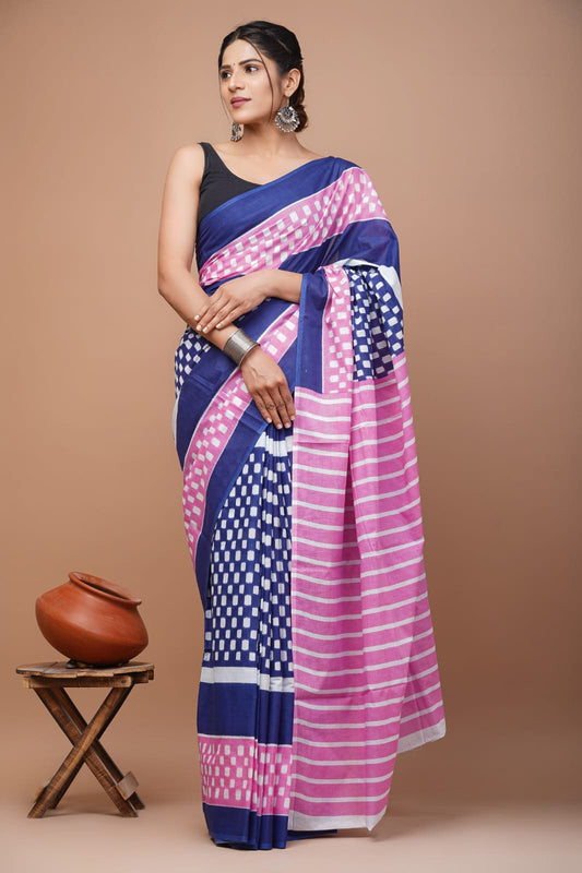 Printed Pure Cotton Mulmul Saree With Blouse