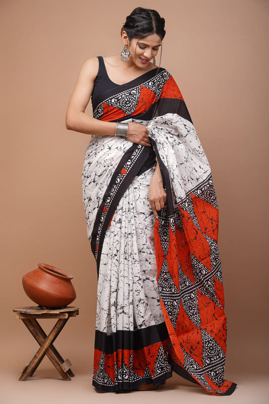 Printed Pure Cotton Mulmul Saree With Blouse