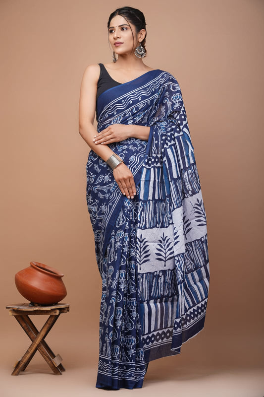 Printed Pure Cotton Mulmul Saree With Blouse