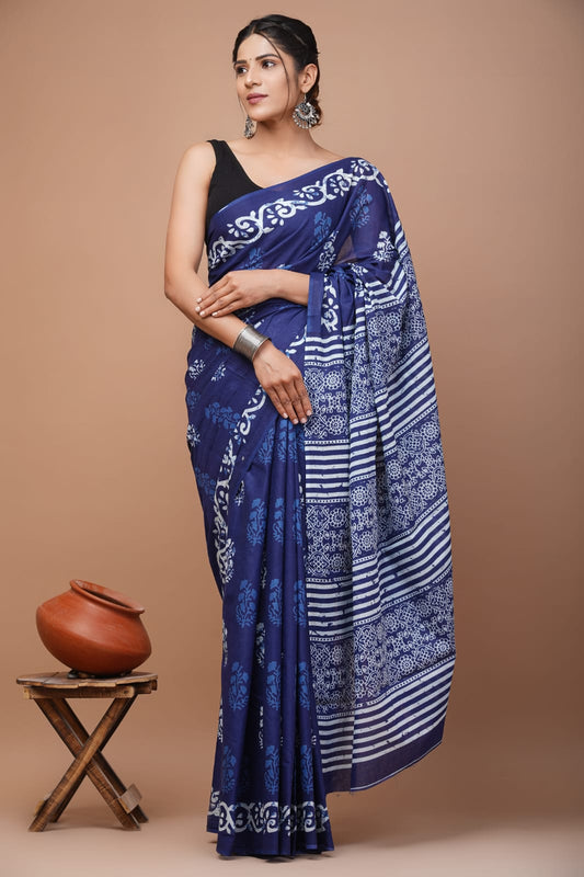 Printed Pure Cotton Mulmul Saree With Blouse