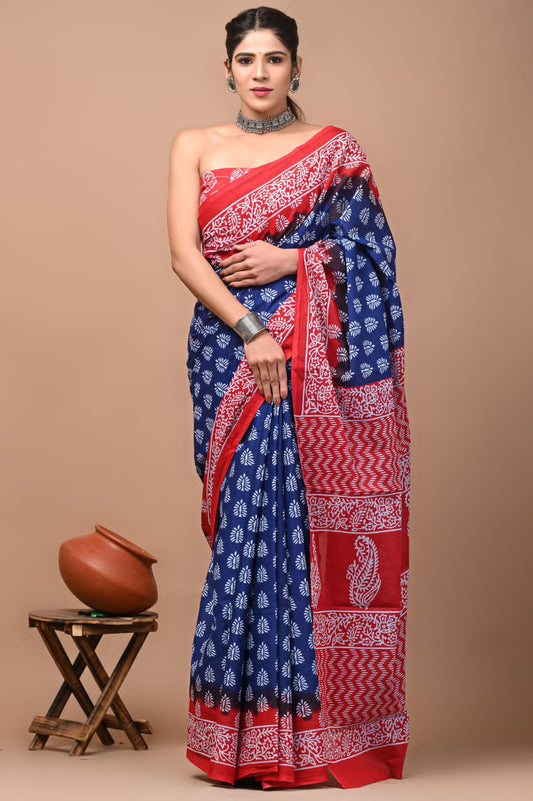 Printed Pure Cotton Mulmul Saree With Blouse