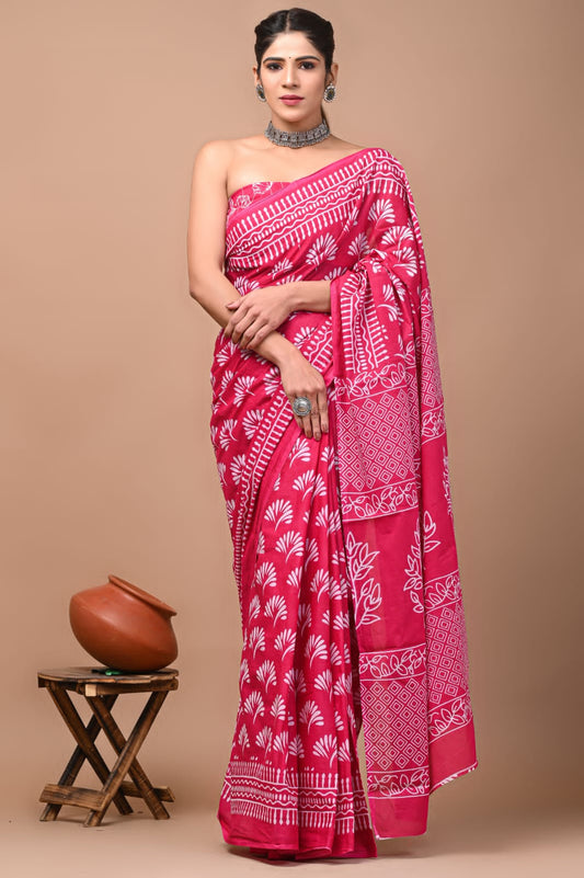 Printed Pure Cotton Mulmul Saree With Blouse