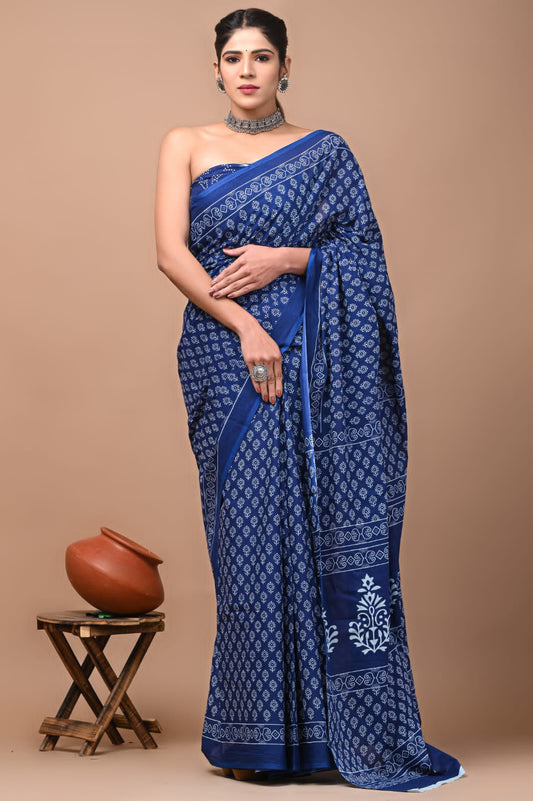 Printed Pure Cotton Mulmul Saree With Blouse