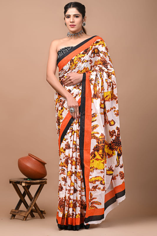 Printed Pure Cotton Mulmul Saree With Blouse