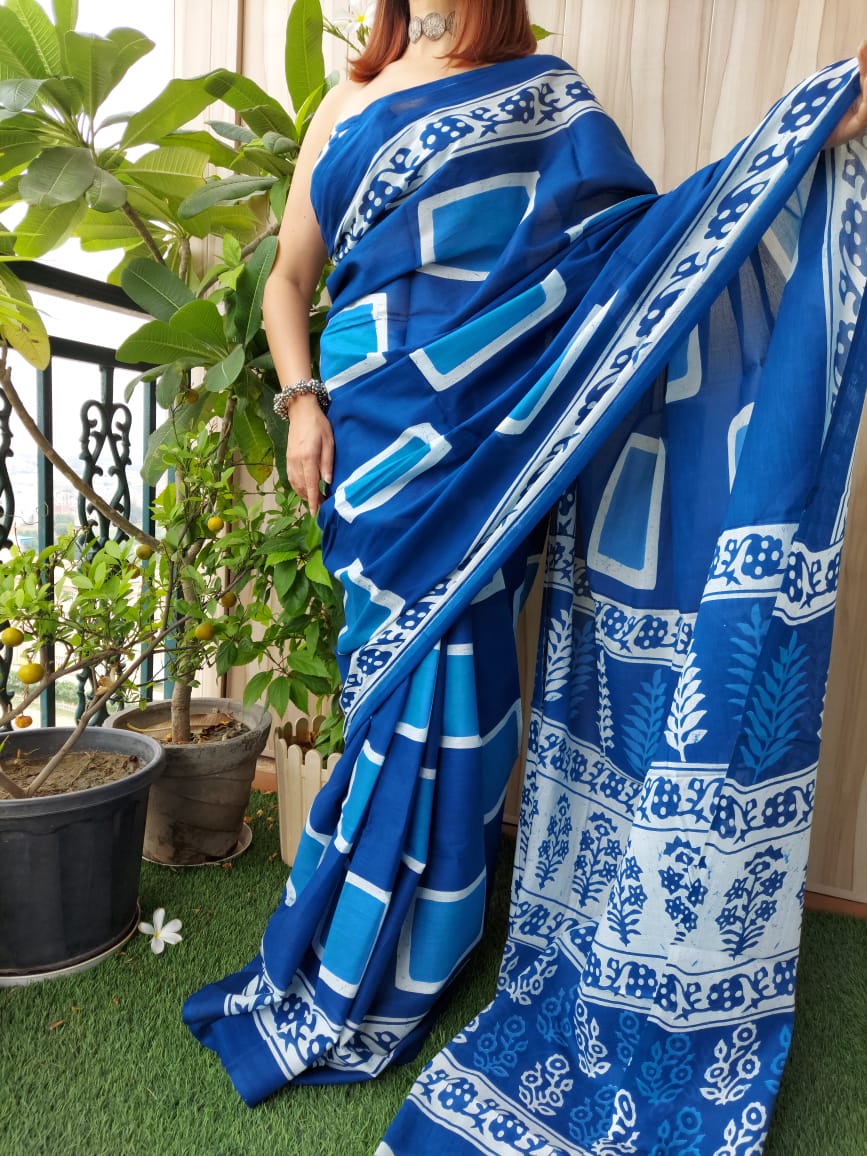 Printed Pure Cotton Mulmul Saree With Blouse