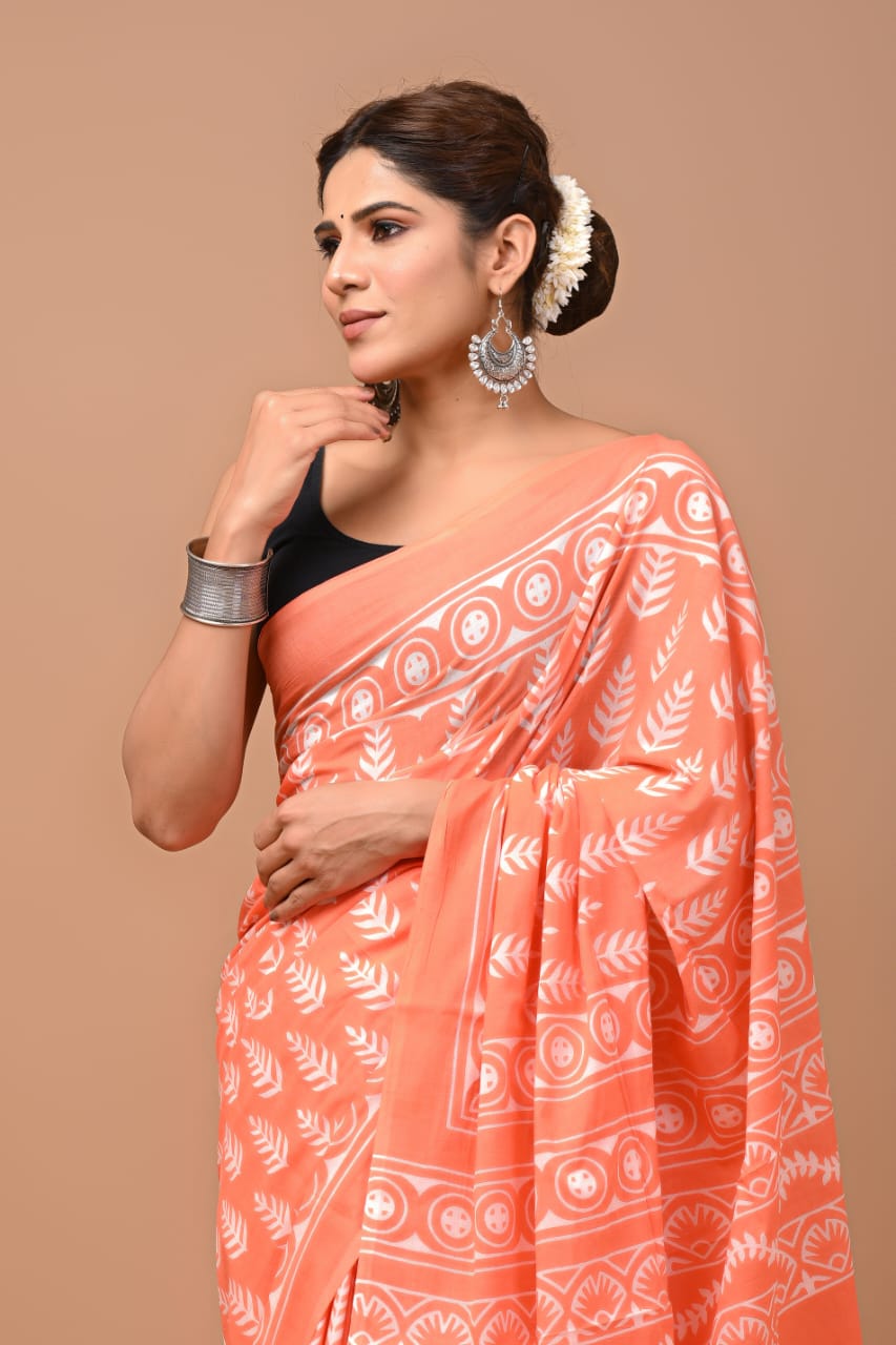 Printed Pure Cotton Mulmul Saree With Blouse