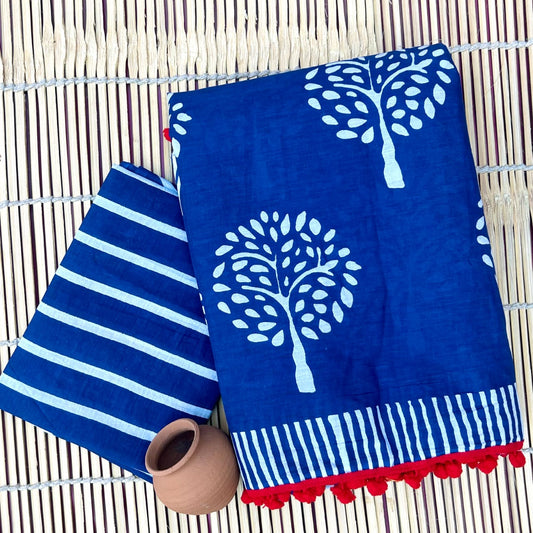 Printed Pure Cotton Mulmul Saree With PomPom Lace