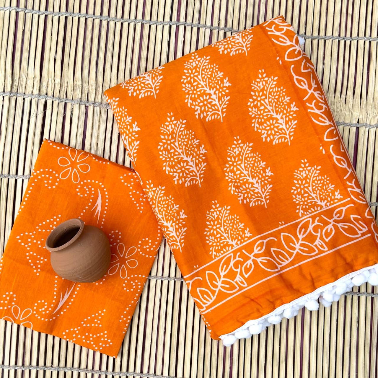 Printed Pure Cotton Mulmul Saree With PomPom Lace