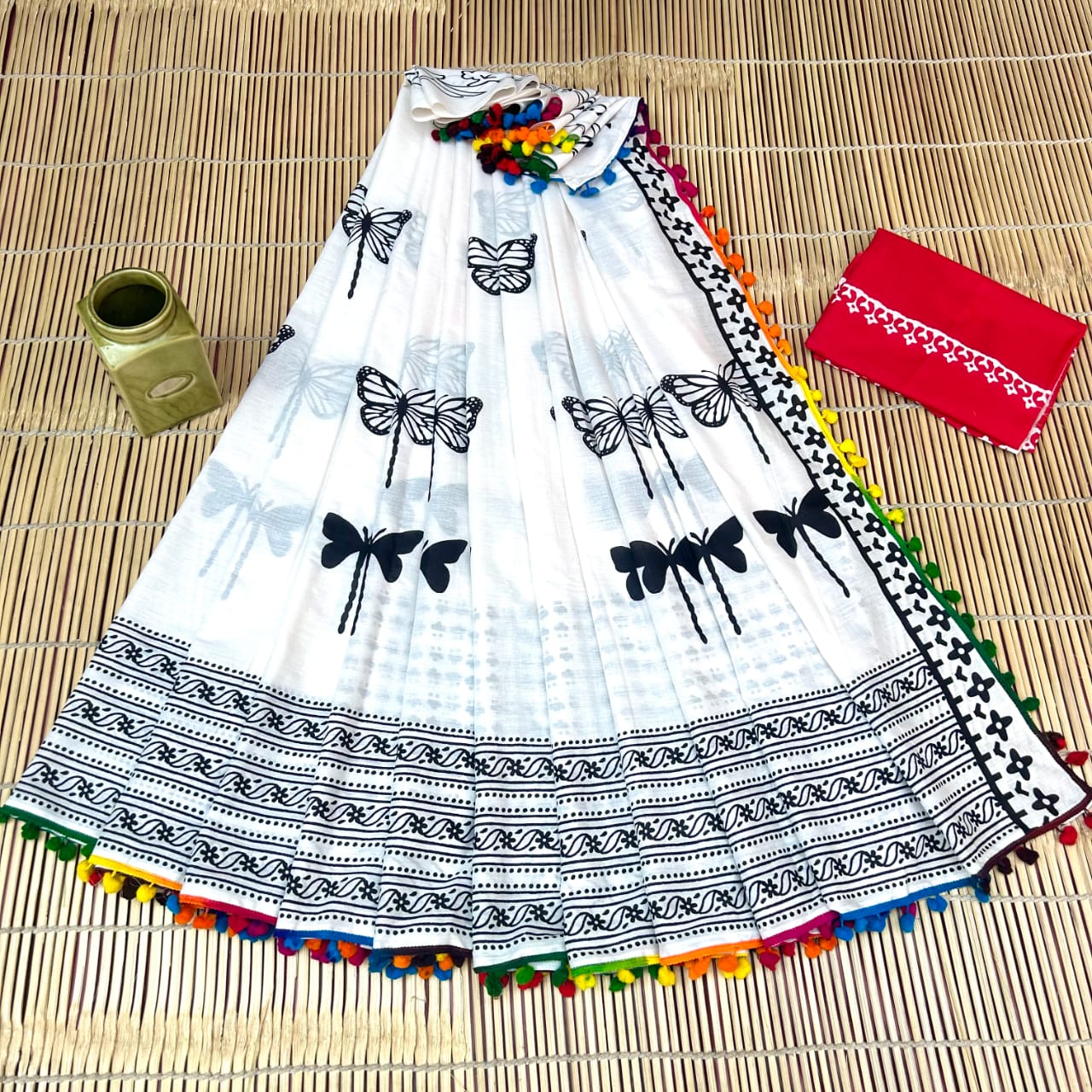 Printed Pure Cotton Mulmul Saree With PomPom Lace