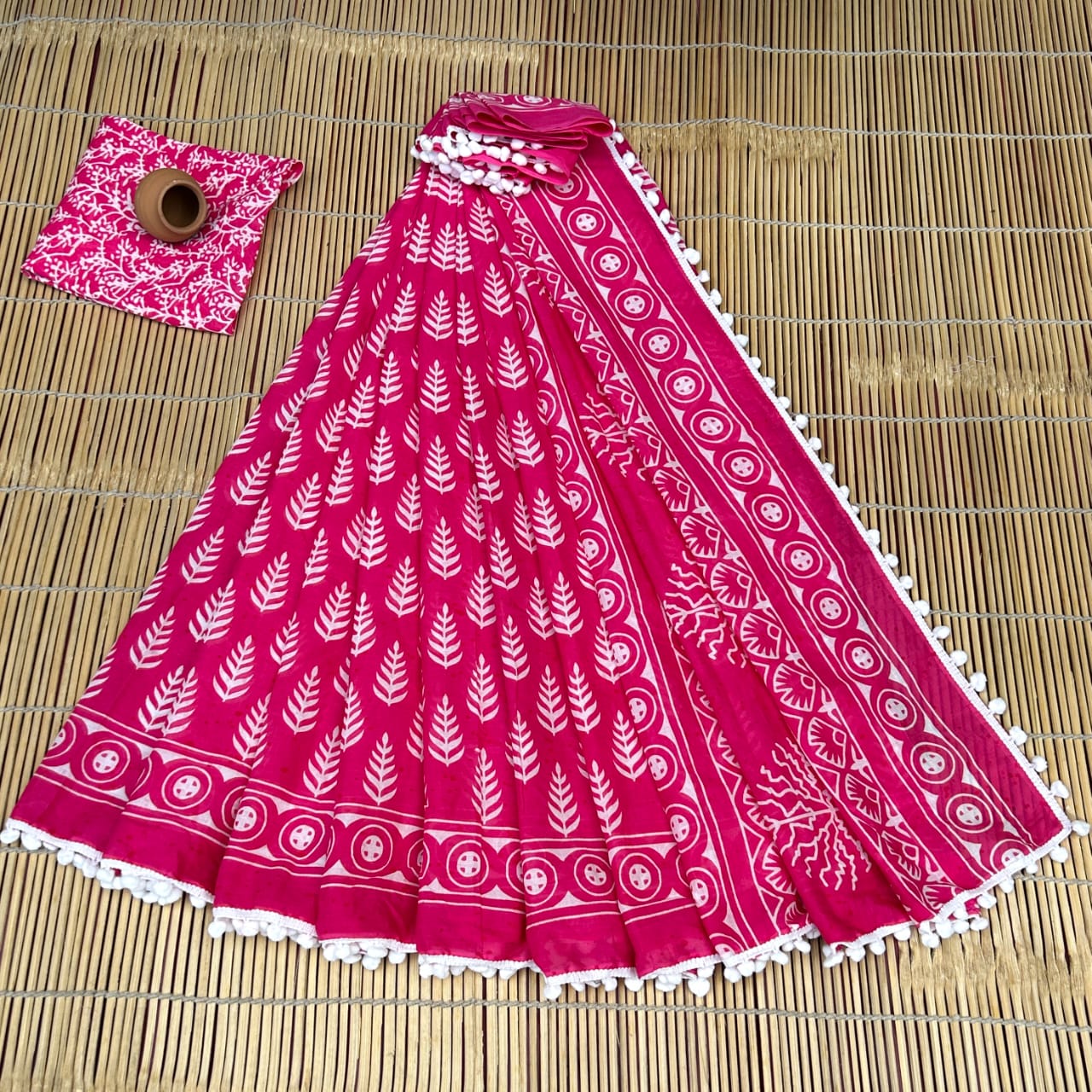 Printed Pure Cotton Mulmul Saree With PomPom Lace