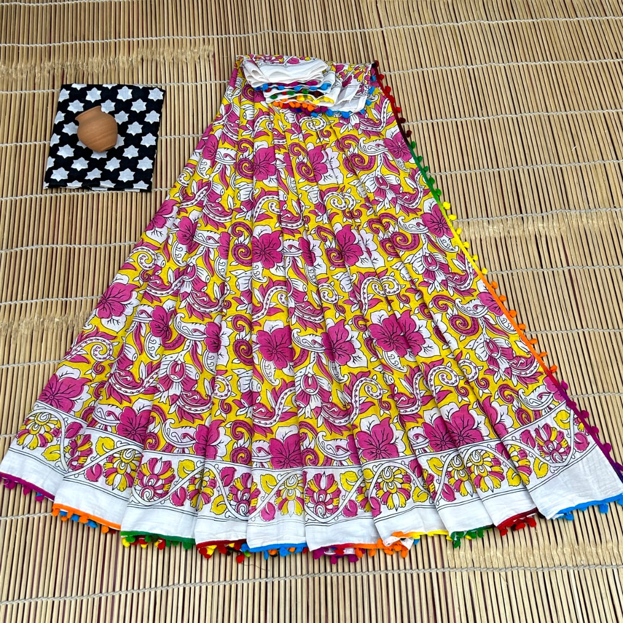 Printed Pure Cotton Mulmul Saree With PomPom Lace