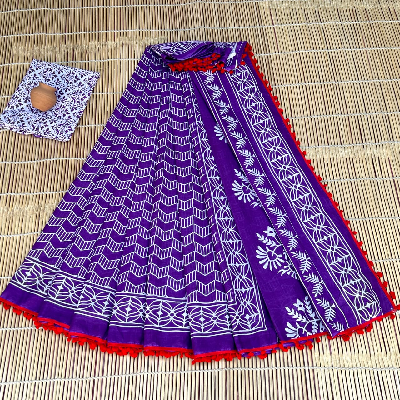 Printed Pure Cotton Mulmul Saree With PomPom Lace