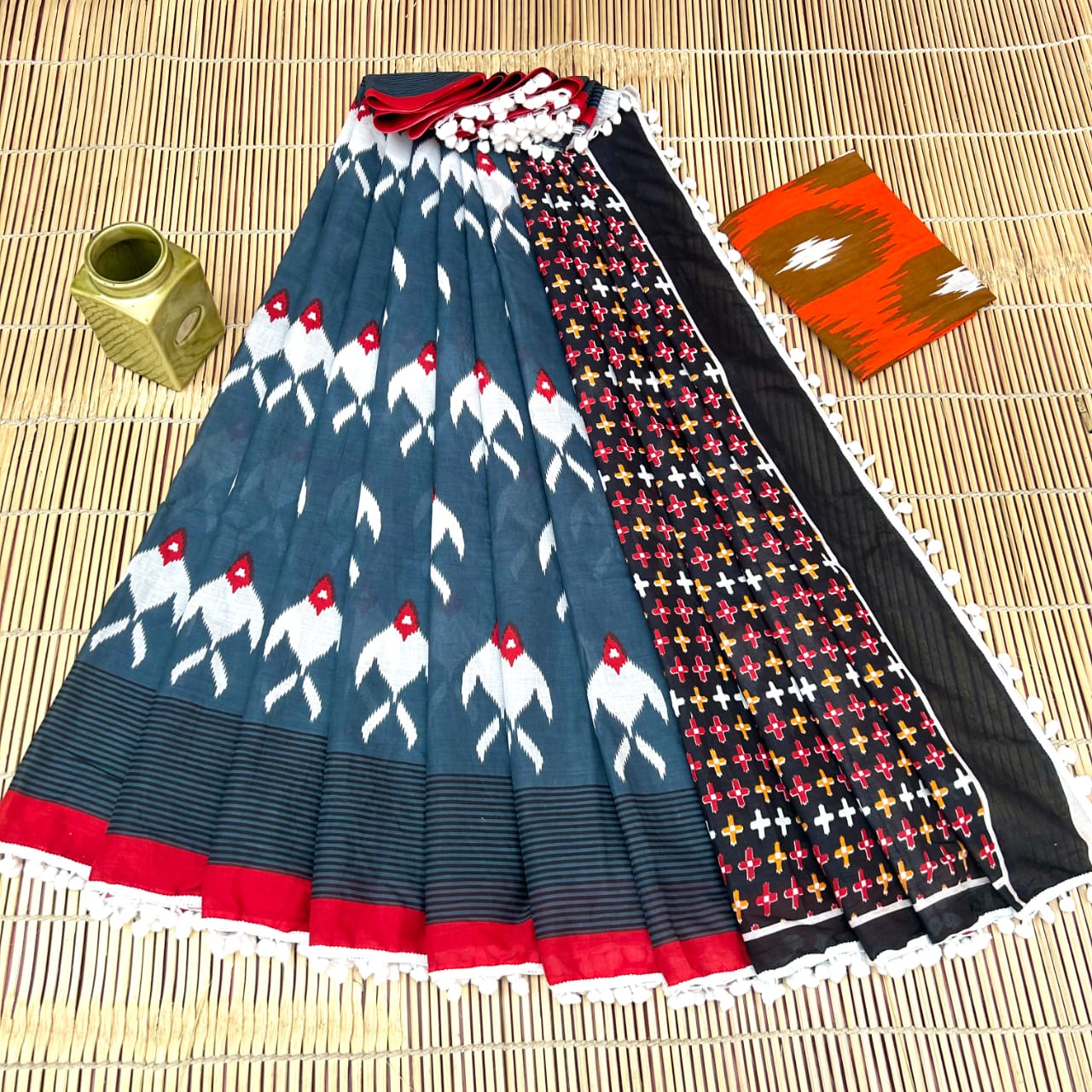 Printed Pure Cotton Mulmul Saree With PomPom Lace