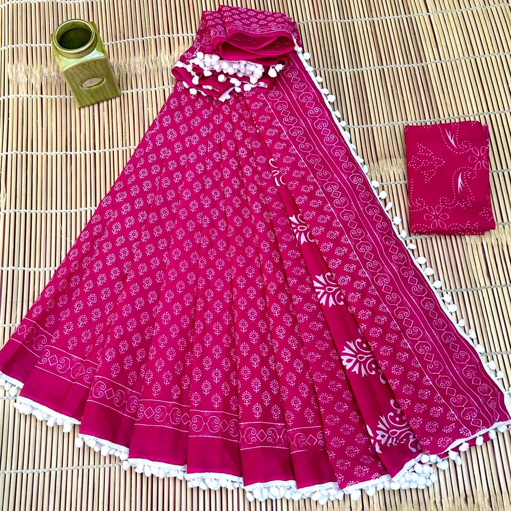 Printed Pure Cotton Mulmul Saree With PomPom Lace