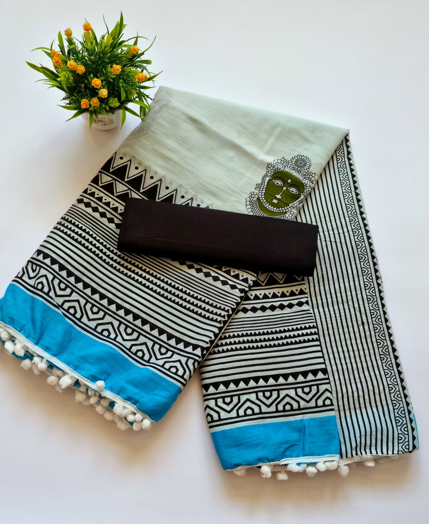 Printed Pure Cotton Mulmul Saree With PomPom Lace