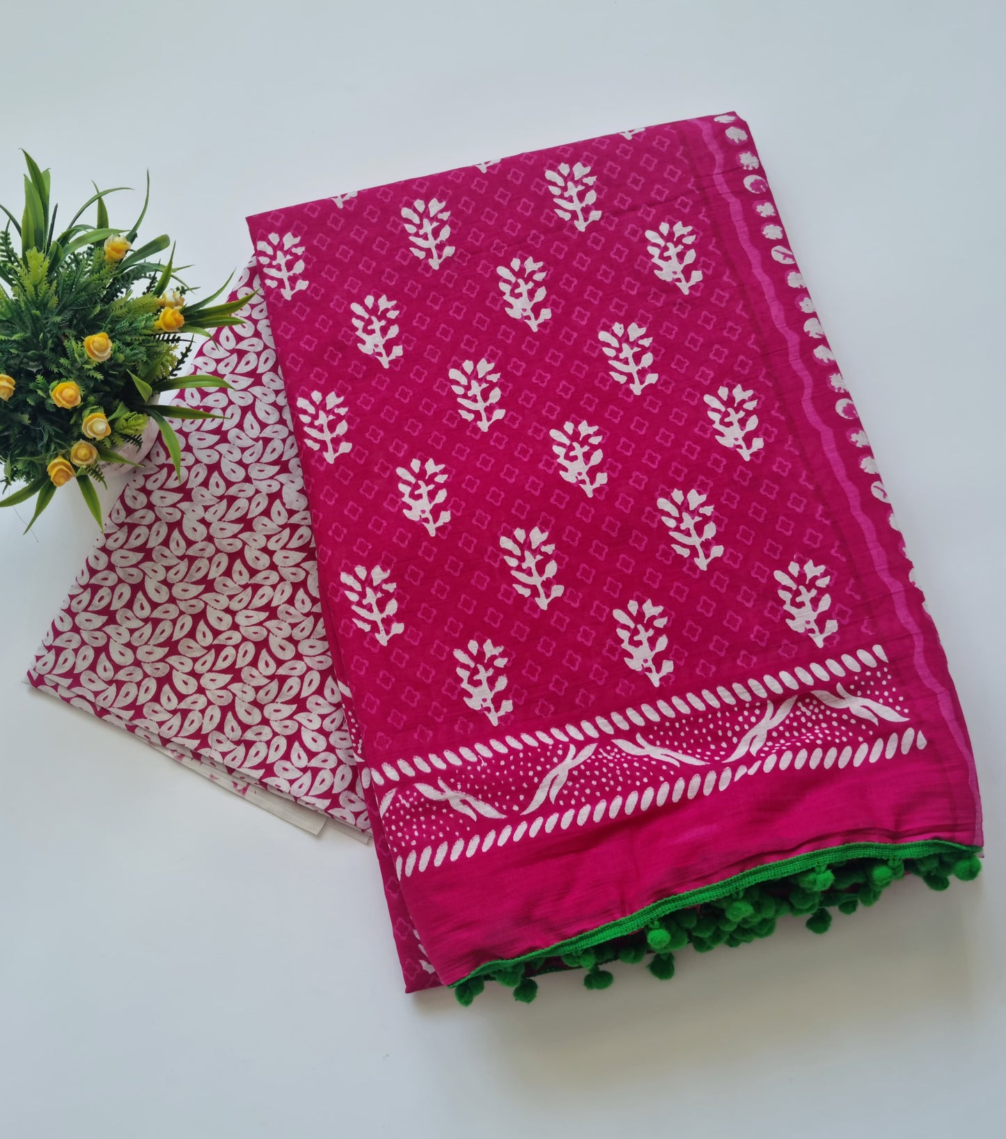 Printed Pure Cotton Mulmul Saree With PomPom Lace