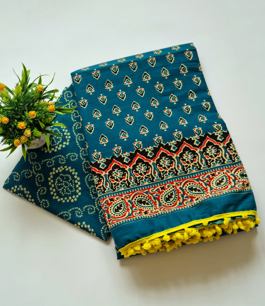 Printed Pure Cotton Mulmul Saree With PomPom Lace