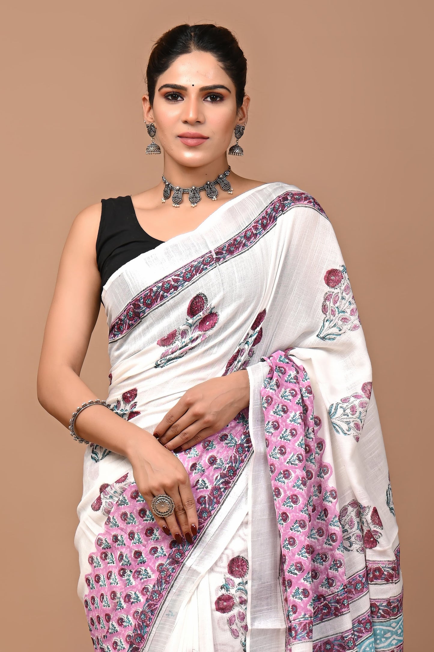 Block Printed Cotton linen Saree With Unstiched Blouse