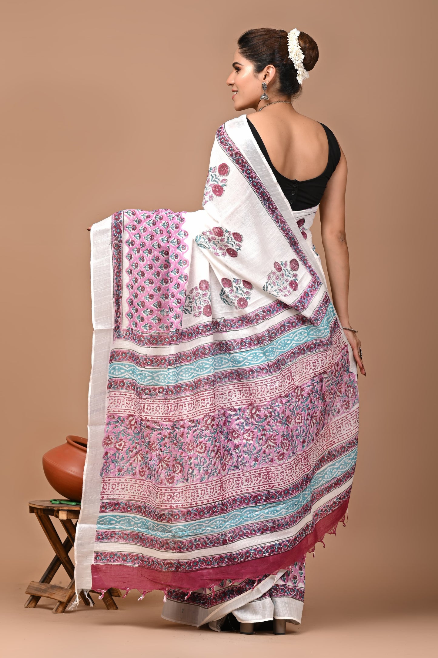 Block Printed Cotton linen Saree With Unstiched Blouse