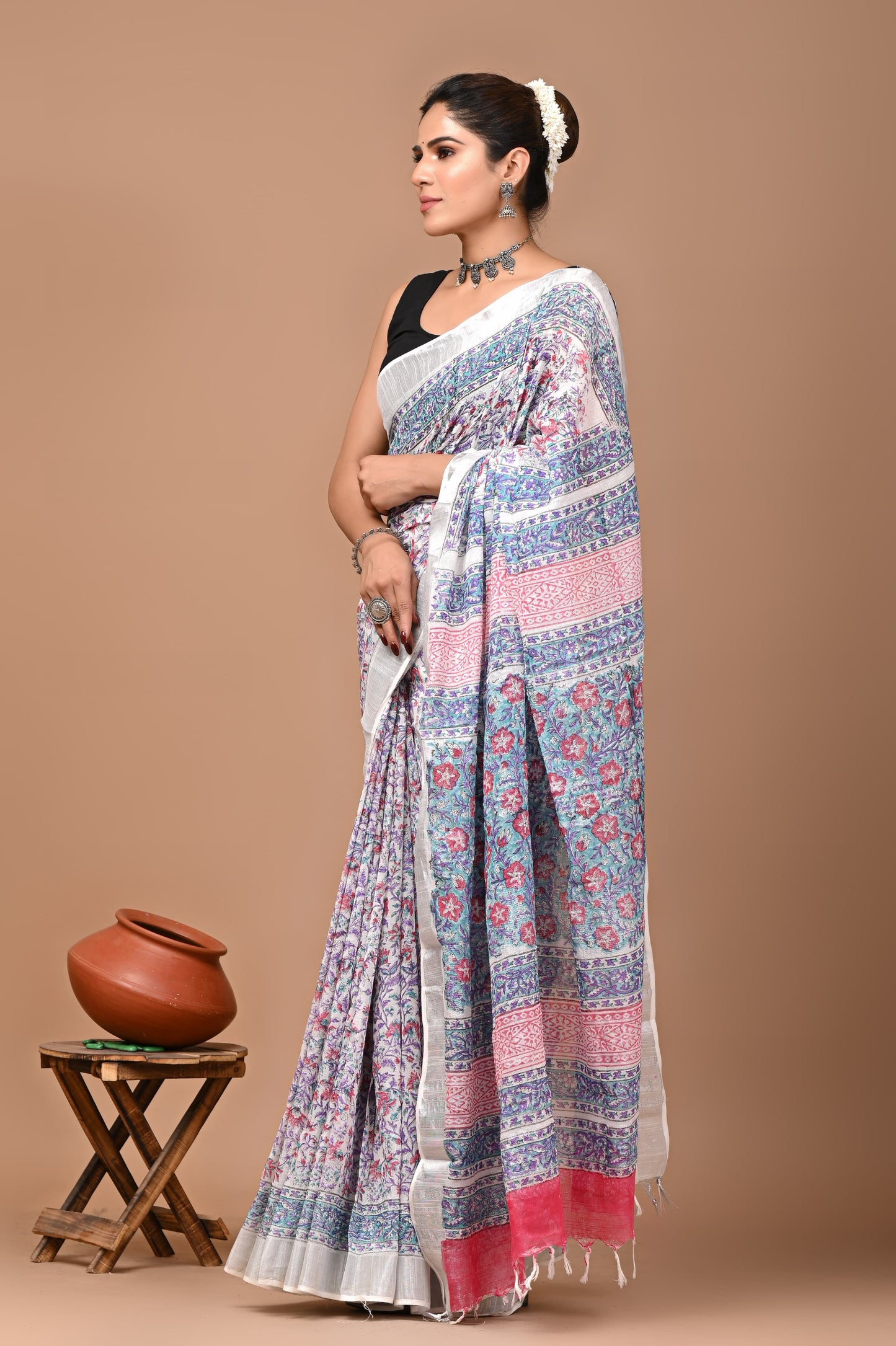 Block Printed Cotton linen Saree With Unstiched Blouse