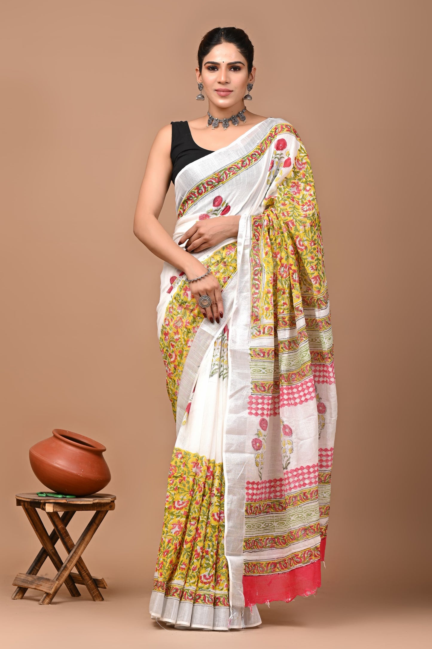 Block Printed Cotton linen Saree With Unstiched Blouse