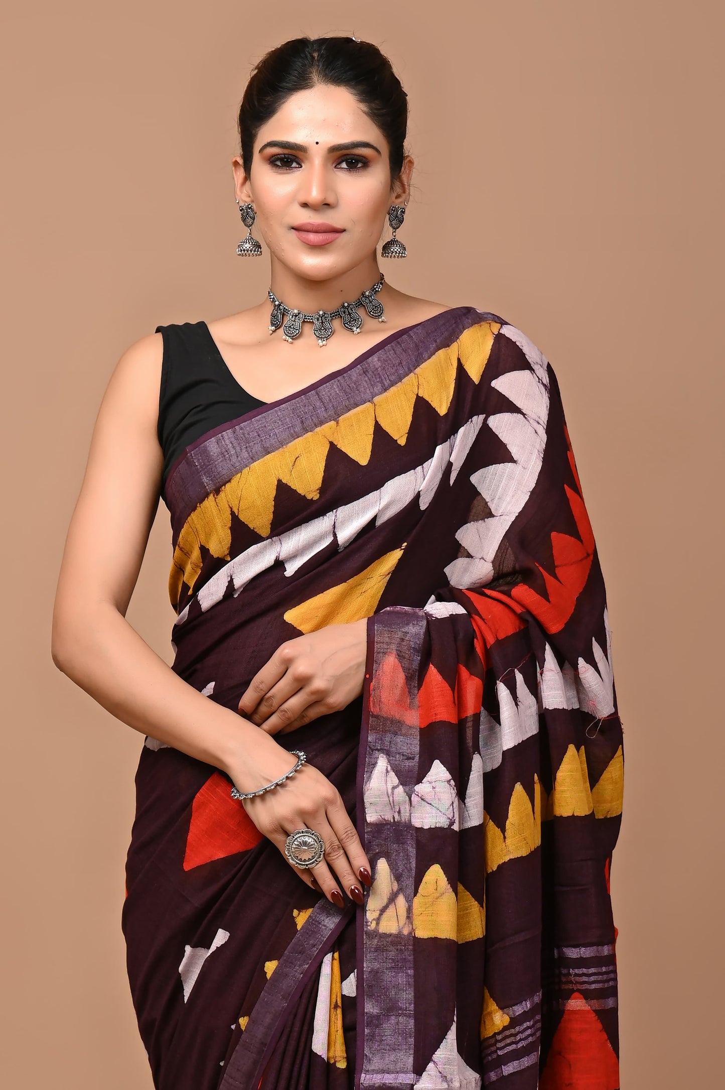 Block Printed Cotton linen Saree With Unstiched Blouse