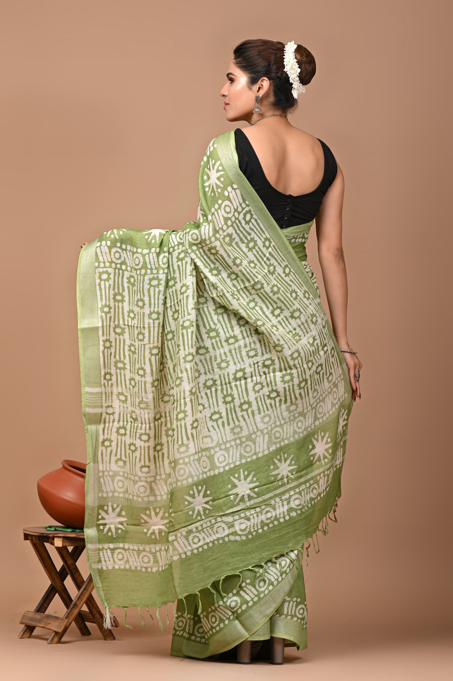 Block Printed Cotton linen Saree With Unstiched Blouse