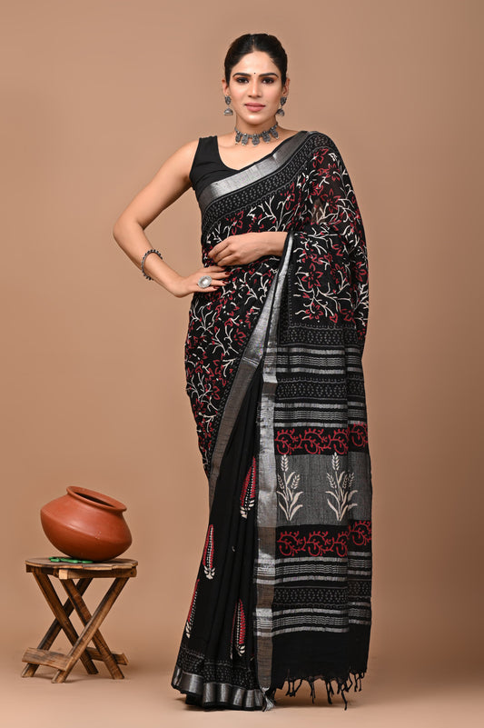 Block Printed Cotton linen Saree With Unstiched Blouse