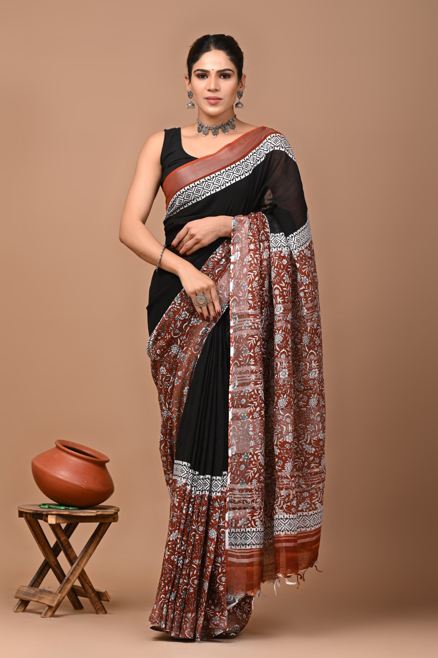 Block Printed Cotton linen Saree With Unstiched Blouse