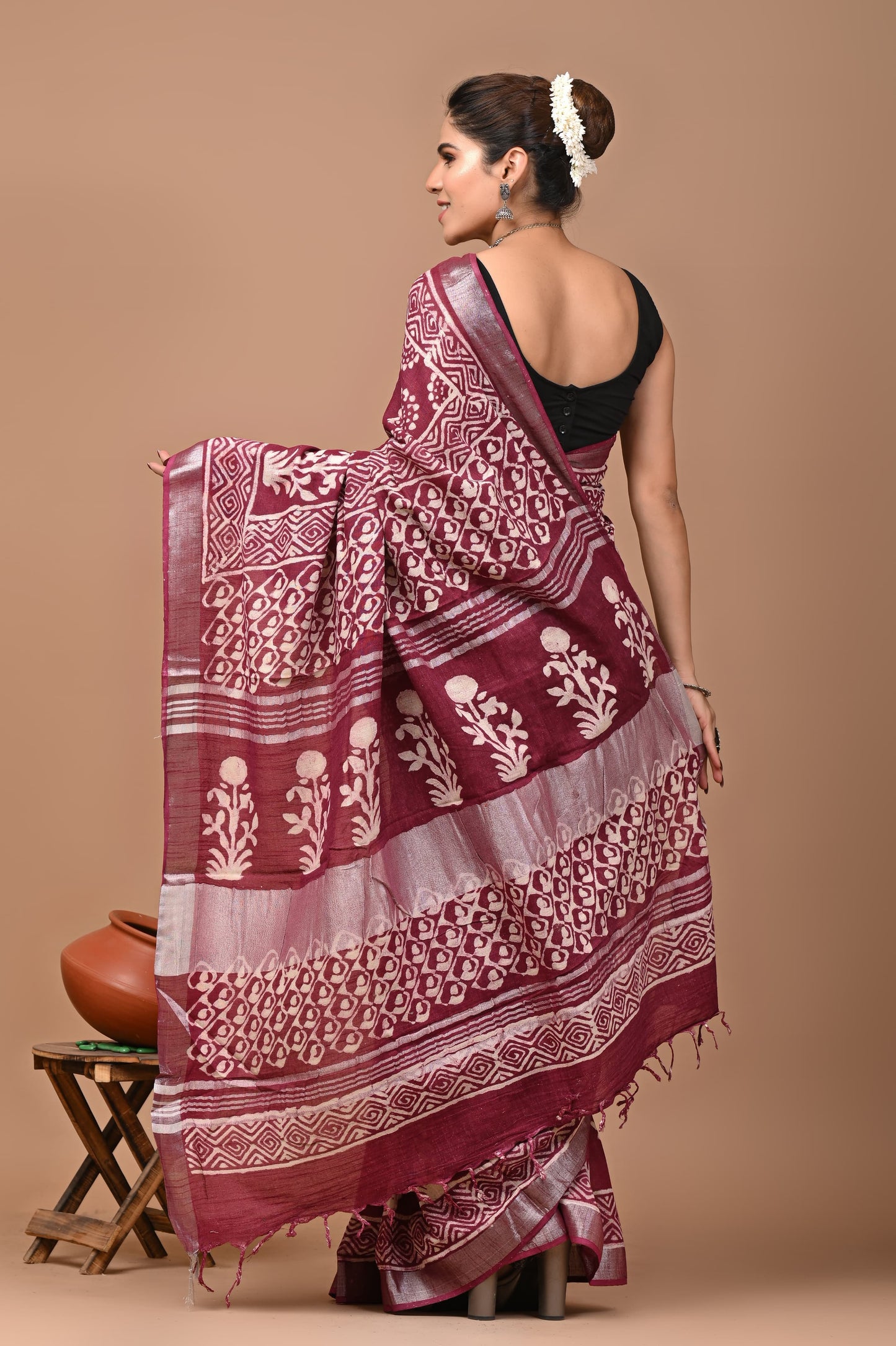 Block Printed Cotton linen Saree With Unstiched Blouse