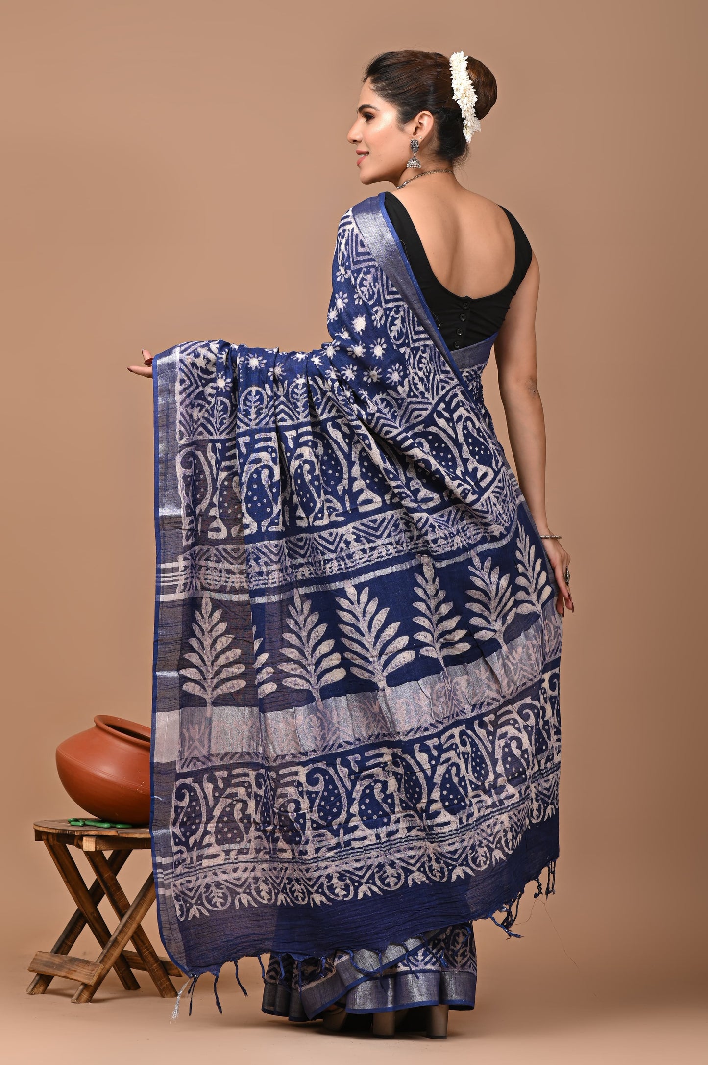 Block Printed Cotton linen Saree With Unstiched Blouse