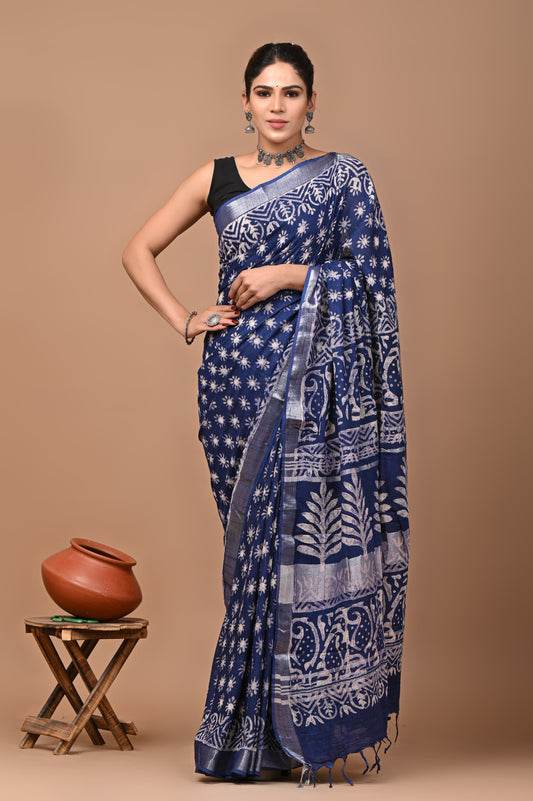 Block Printed Cotton linen Saree With Unstiched Blouse