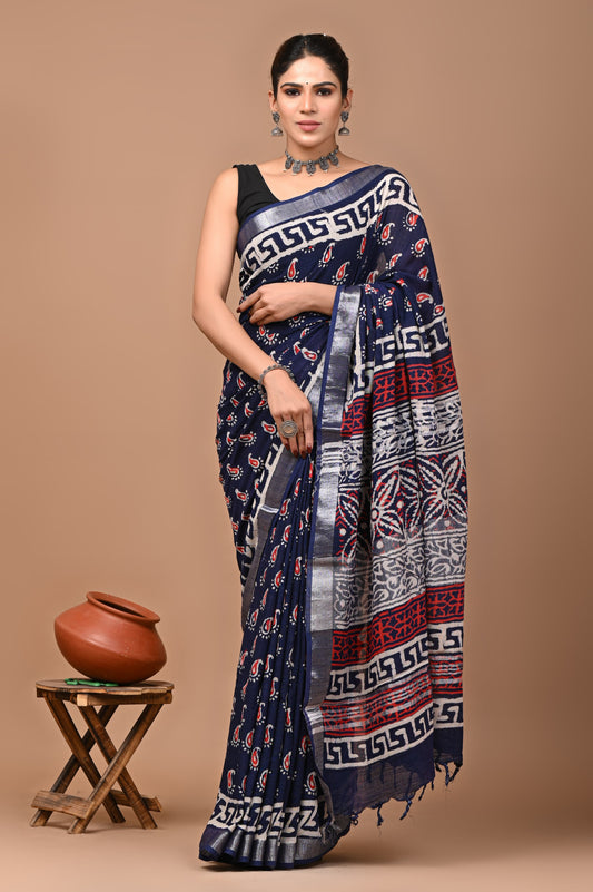 Block Printed Cotton linen Saree With Unstiched Blouse