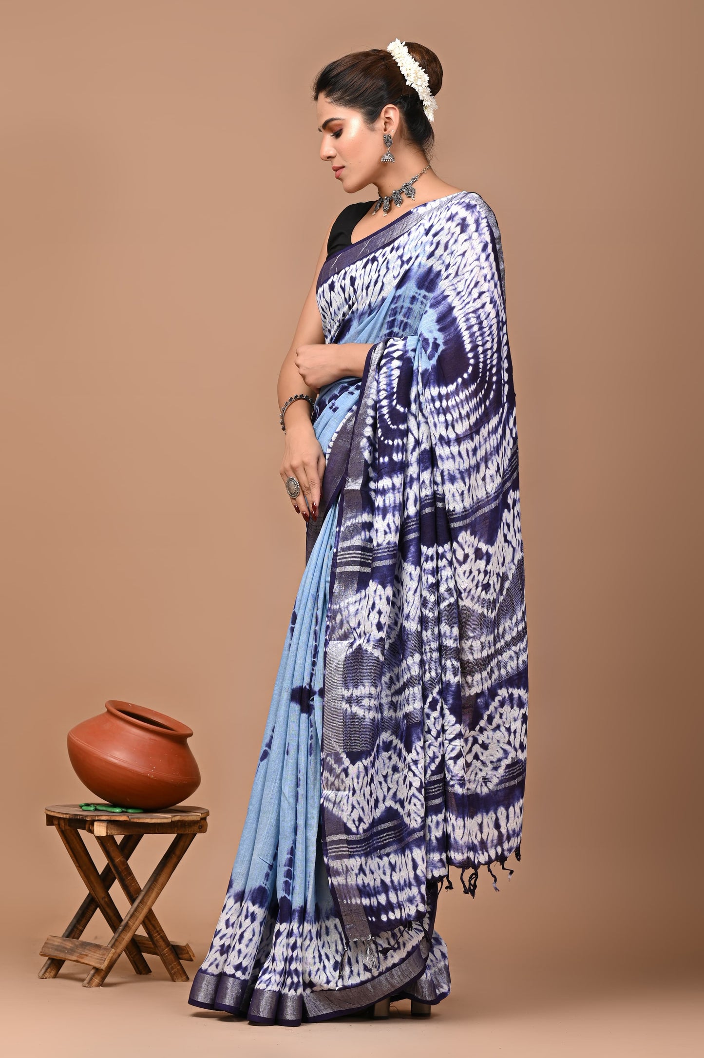 Block Printed Cotton linen Saree With Unstiched Blouse