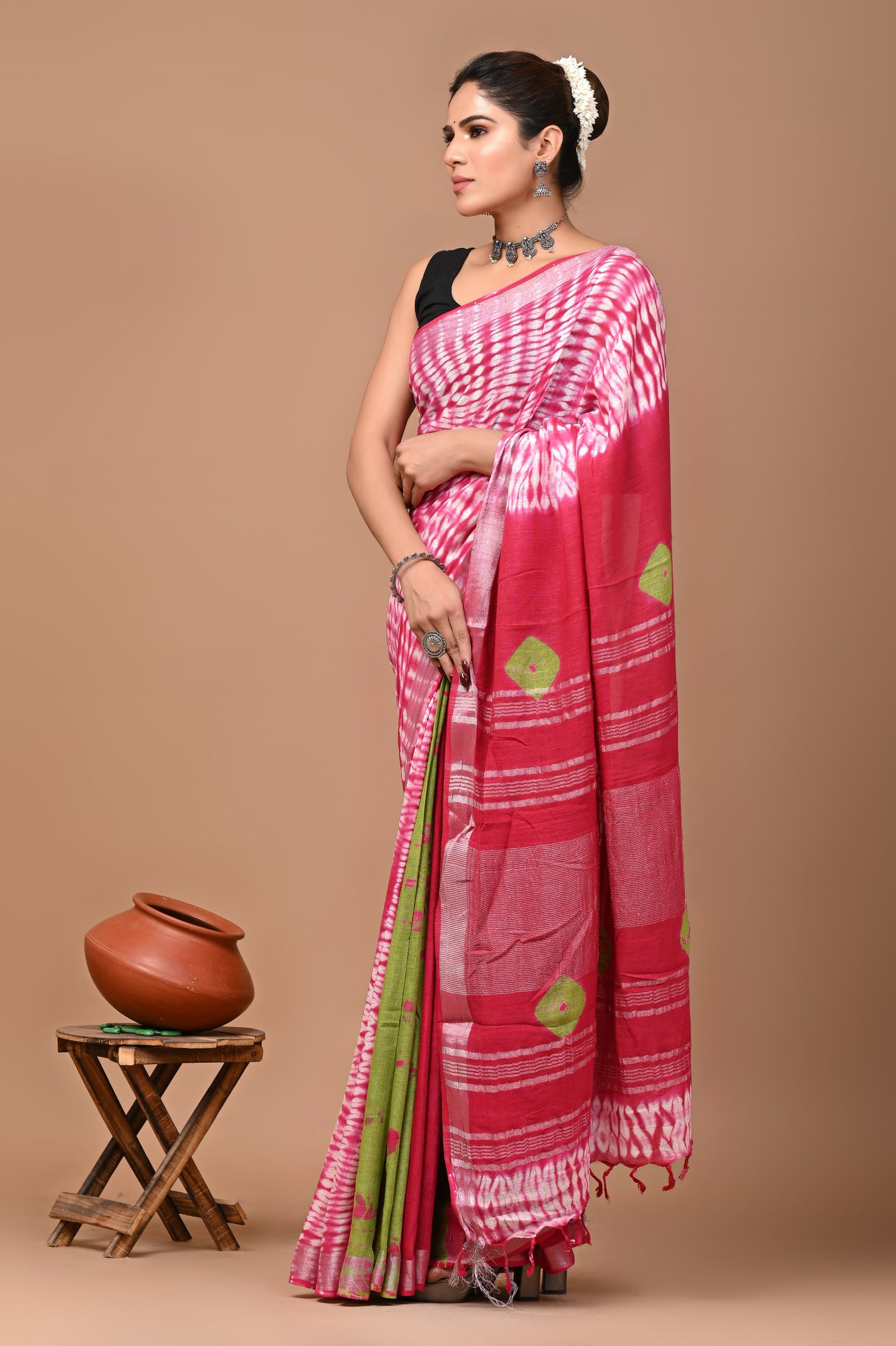 Block Printed Cotton linen Saree With Unstiched Blouse