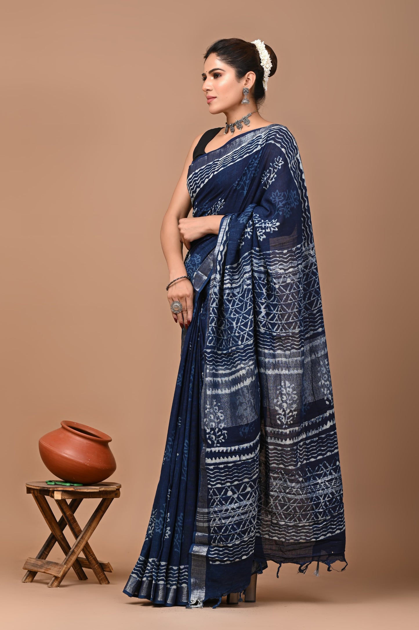 Block Printed Cotton linen Saree With Unstiched Blouse