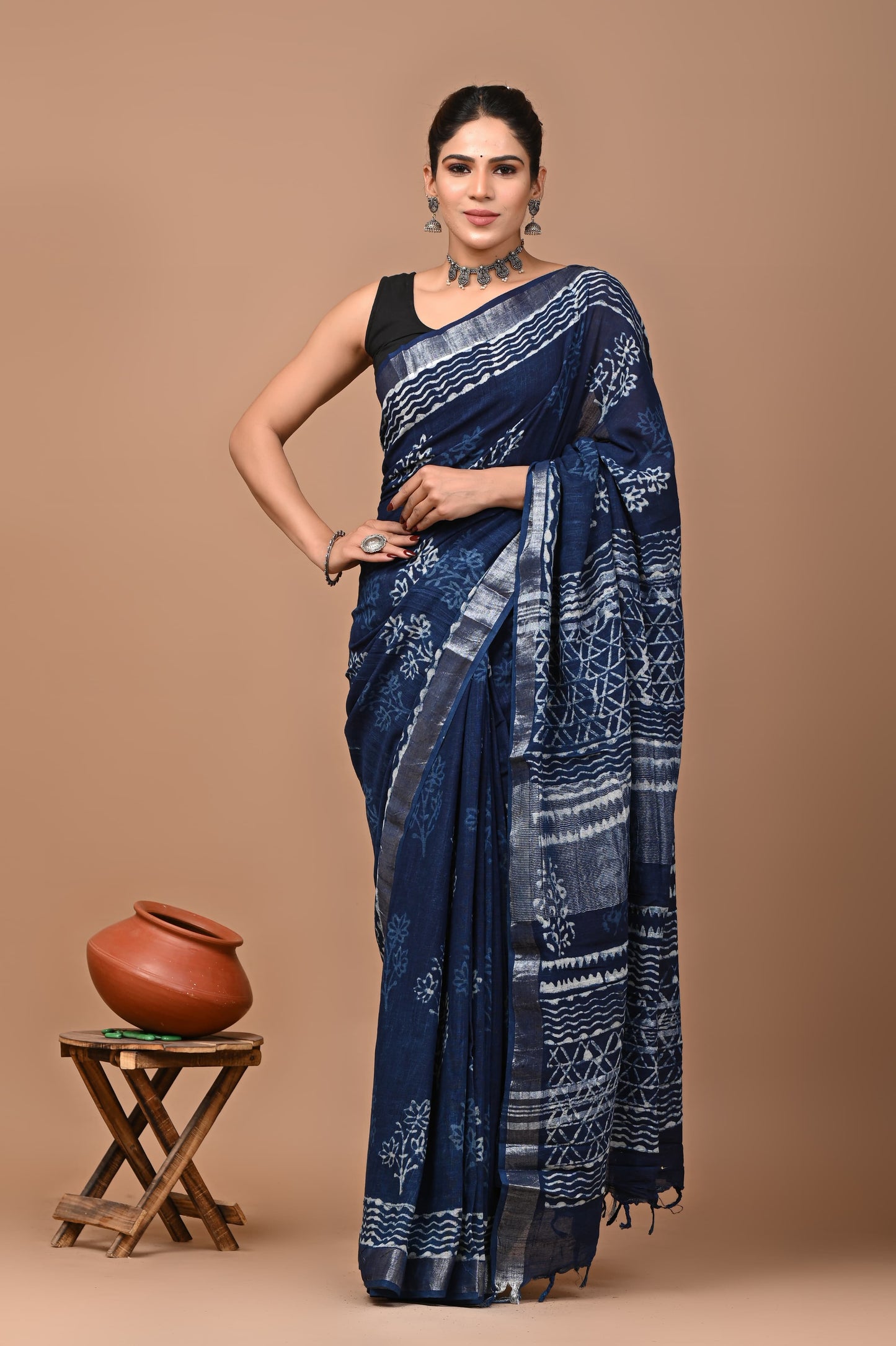 Block Printed Cotton linen Saree With Unstiched Blouse