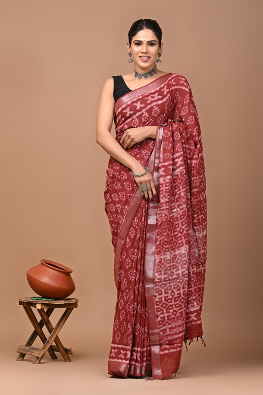 Block Printed Cotton linen Saree With Unstiched Blouse