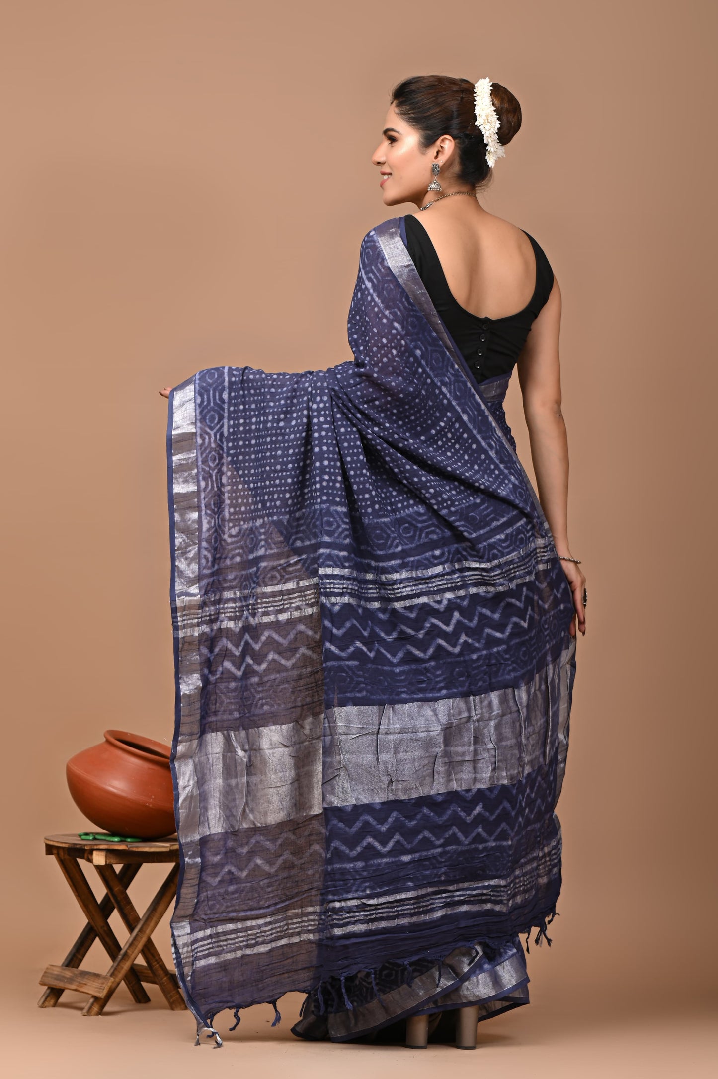 Block Printed Cotton linen Saree With Unstiched Blouse