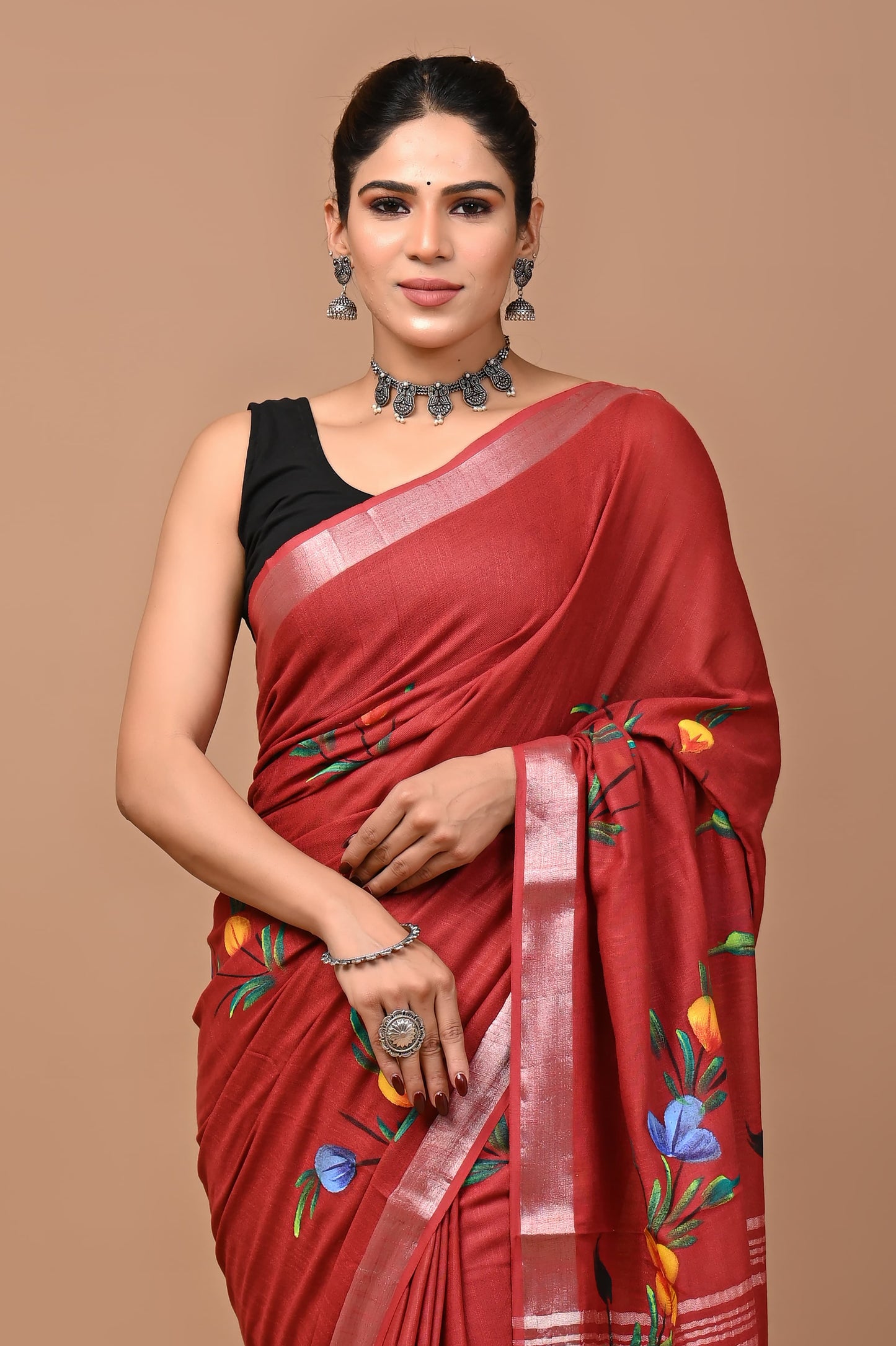 Block Printed Cotton linen Saree With Unstiched Blouse