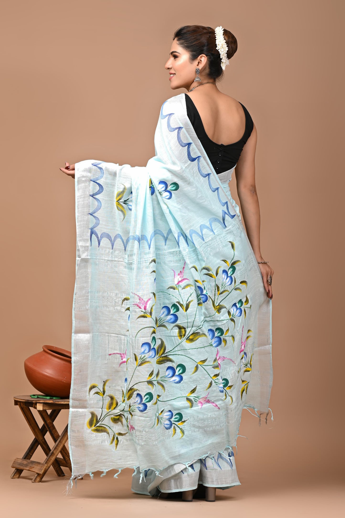 Block Printed Cotton linen Saree With Unstiched Blouse