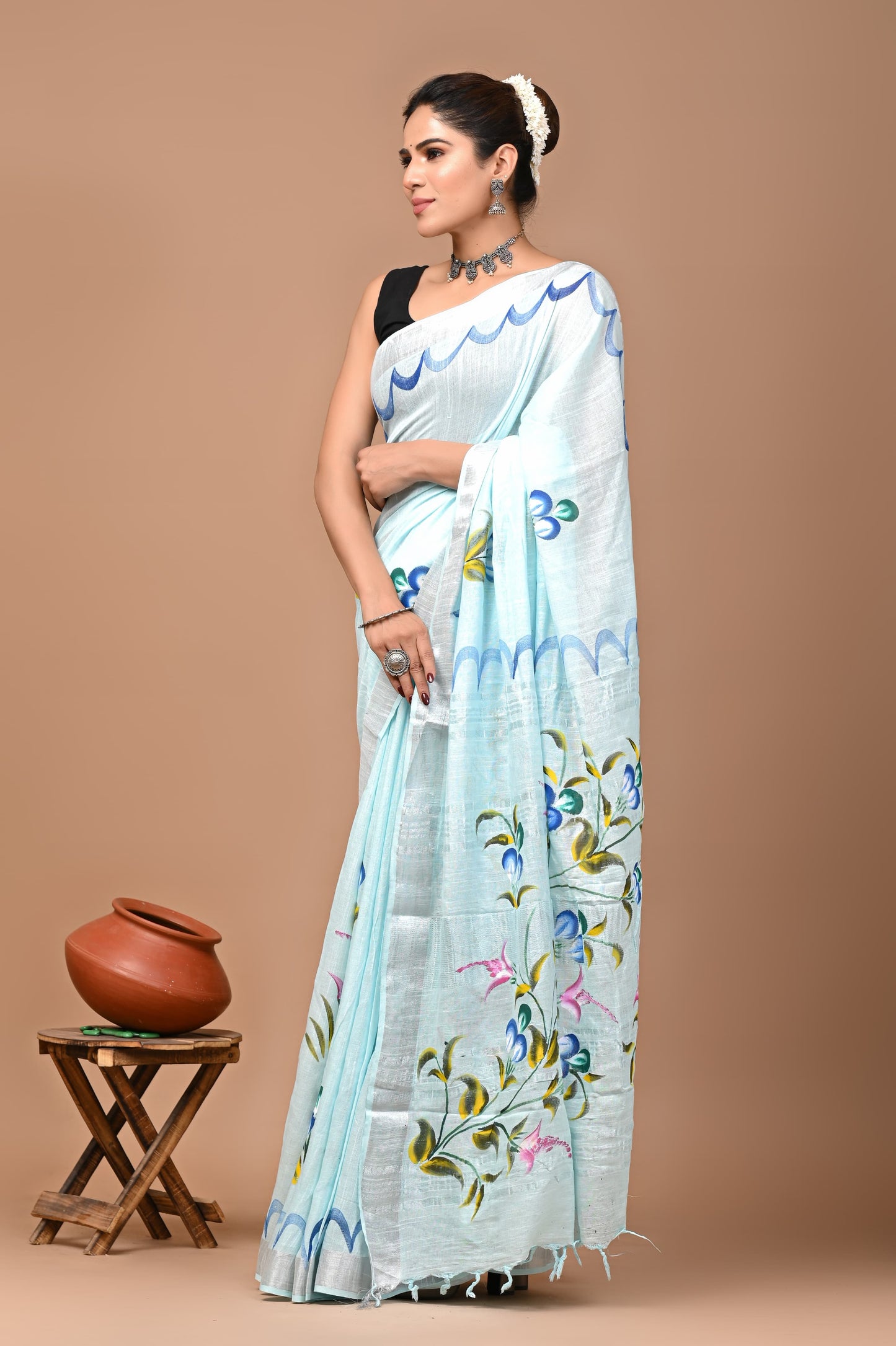 Block Printed Cotton linen Saree With Unstiched Blouse