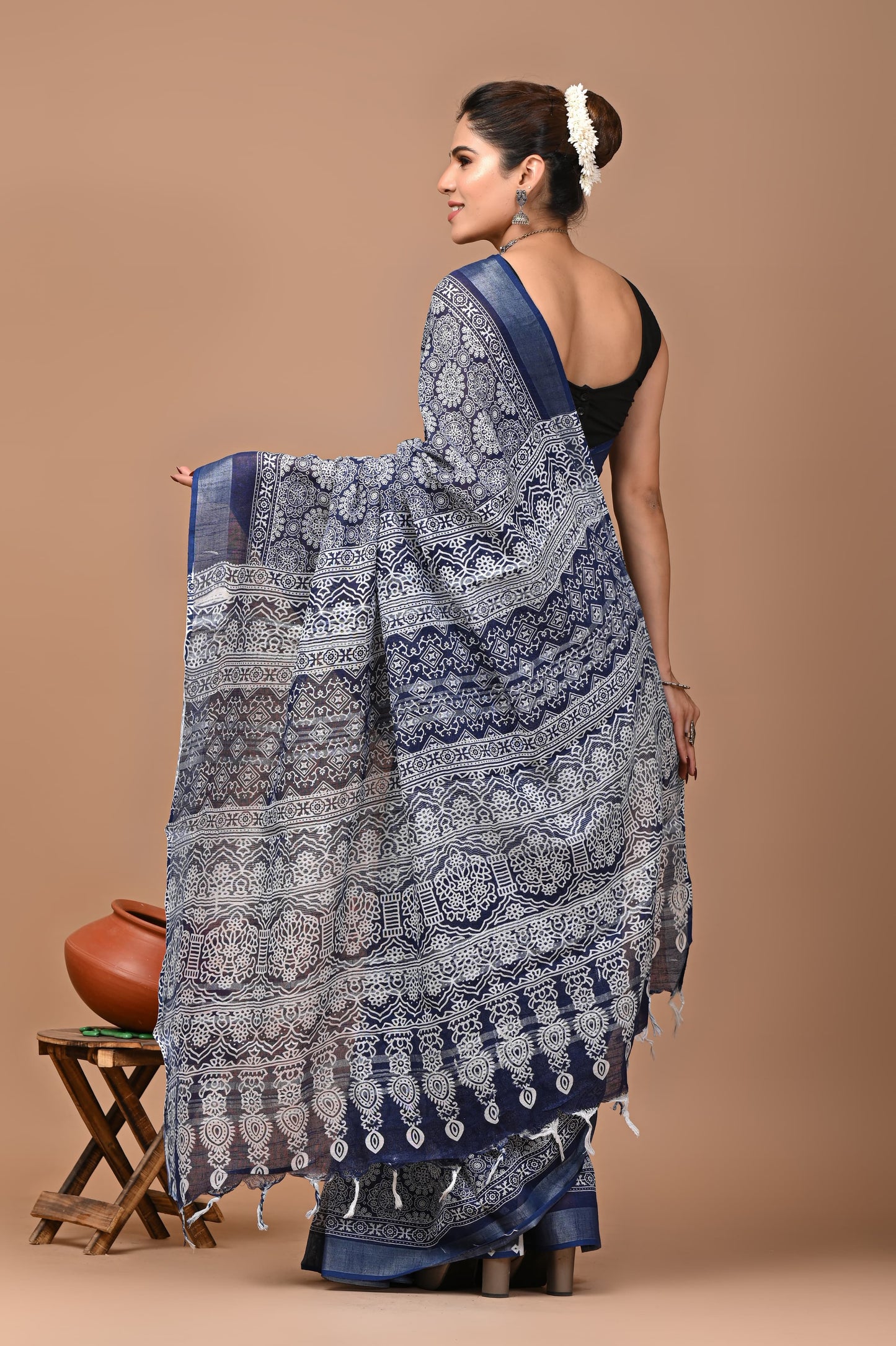 Block Printed Cotton linen Saree With Unstiched Blouse